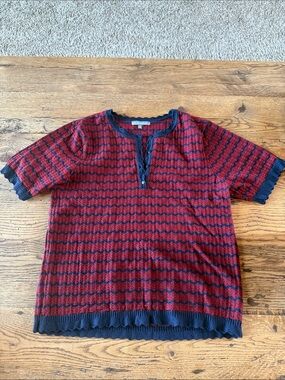 Wit & Wisdom Red and Navy Striped Short-Sleeve Henley Knit Shirt